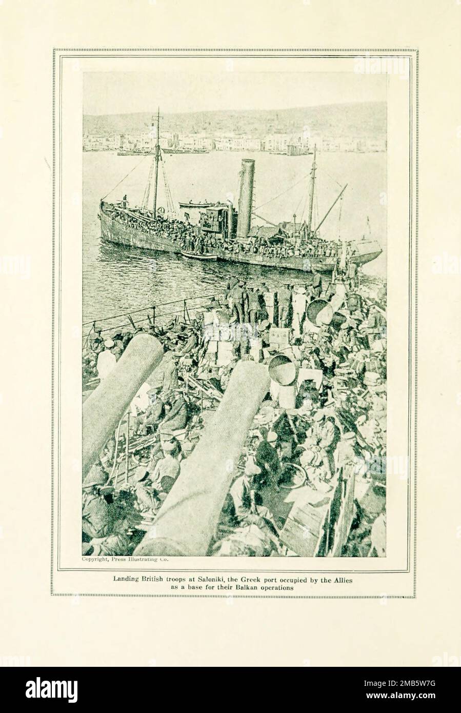 Landing British Troops at Saloniki, Greece from the book The story of the great war; the complete historical records of events to date DIPLOMATIC AND STATE PAPERS by Reynolds, Francis Joseph, 1867-1937; Churchill, Allen Leon; Miller, Francis Trevelyan, 1877-1959; Wood, Leonard, 1860-1927; Knight, Austin Melvin, 1854-1927; Palmer, Frederick, 1873-1958; Simonds, Frank Herbert, 1878-; Ruhl, Arthur Brown, 1876-  Volume VIII Published 1920 Stock Photo