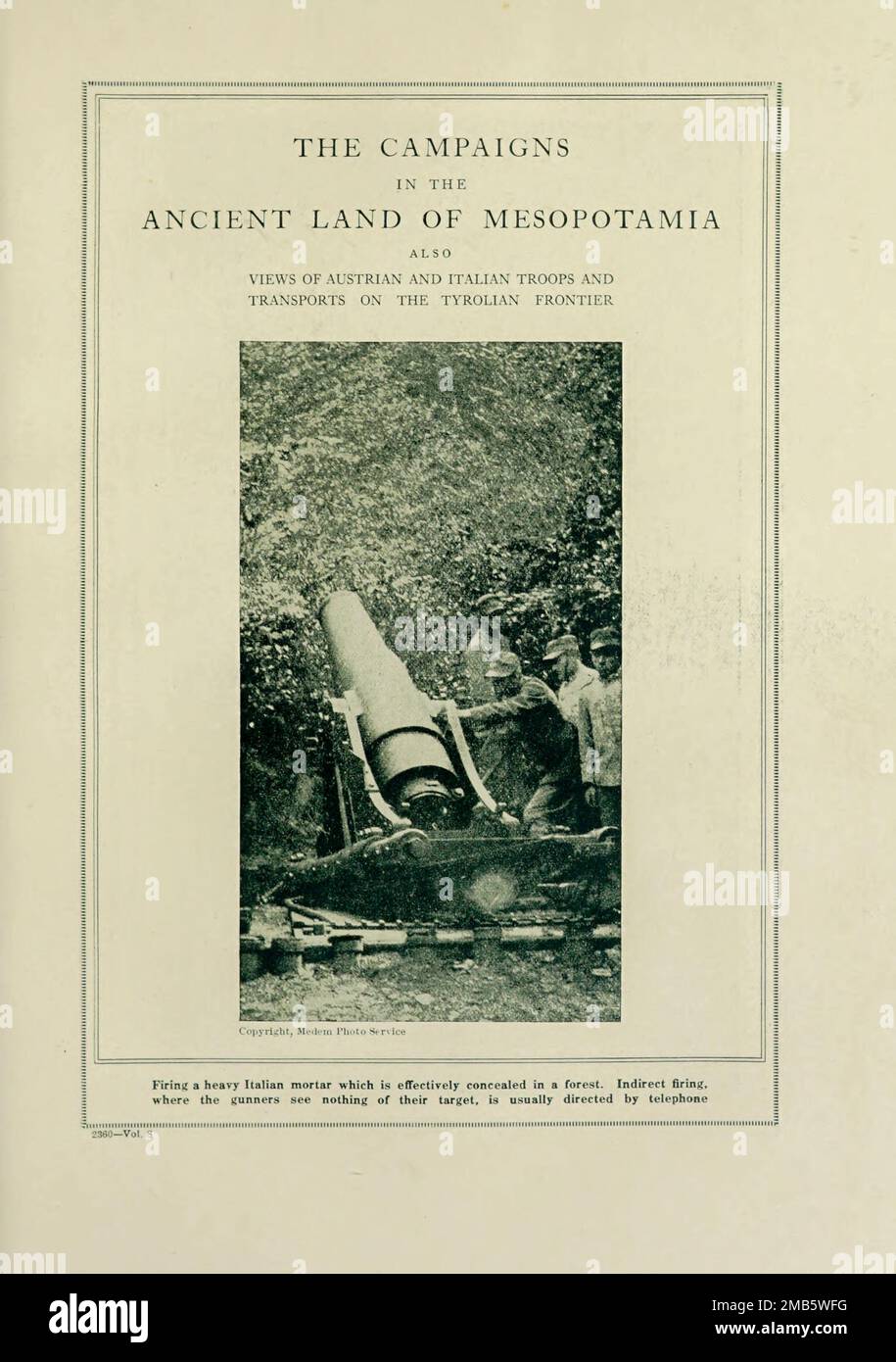 Italian Heavy Mortar Hidden in the Forest from the book The story of the great war; the complete historical records of events to date DIPLOMATIC AND STATE PAPERS by Reynolds, Francis Joseph, 1867-1937; Churchill, Allen Leon; Miller, Francis Trevelyan, 1877-1959; Wood, Leonard, 1860-1927; Knight, Austin Melvin, 1854-1927; Palmer, Frederick, 1873-1958; Simonds, Frank Herbert, 1878-; Ruhl, Arthur Brown, 1876-  Volume VIII Published 1920 Stock Photo