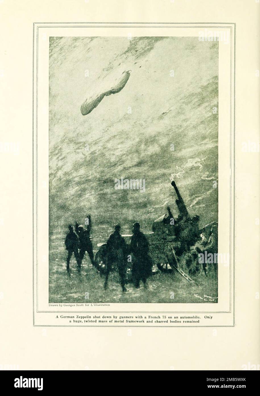 German Zeppelin Shot Down by a French 75 from the book The story of the great war; the complete historical records of events to date DIPLOMATIC AND STATE PAPERS by Reynolds, Francis Joseph, 1867-1937; Churchill, Allen Leon; Miller, Francis Trevelyan, 1877-1959; Wood, Leonard, 1860-1927; Knight, Austin Melvin, 1854-1927; Palmer, Frederick, 1873-1958; Simonds, Frank Herbert, 1878-; Ruhl, Arthur Brown, 1876-  Volume VIII Published 1920 Stock Photo
