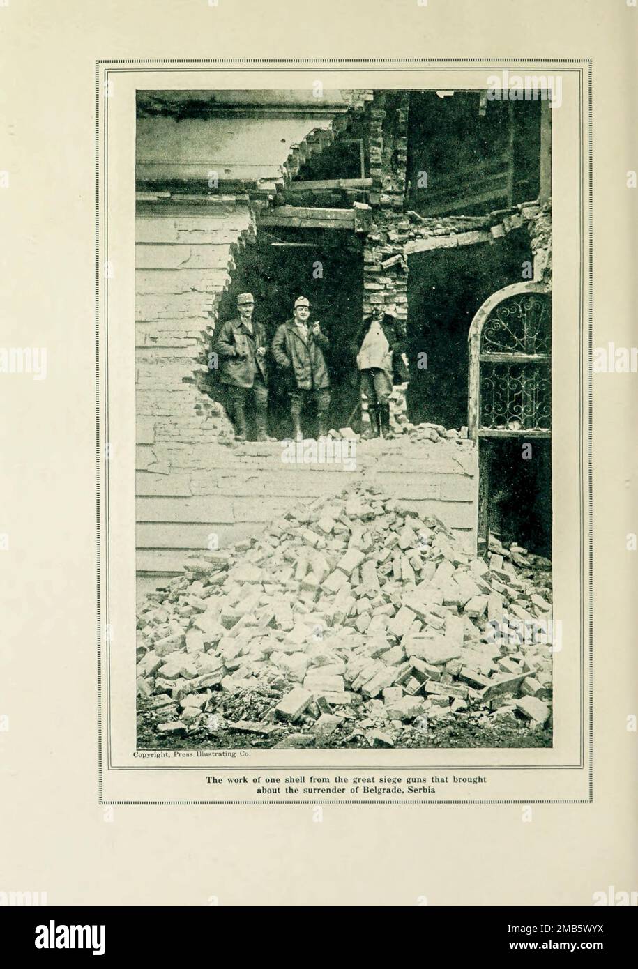 Destruction Wrought by a 30.5-Centimeter Gun in Belgrade from the book The story of the great war; the complete historical records of events to date DIPLOMATIC AND STATE PAPERS by Reynolds, Francis Joseph, 1867-1937; Churchill, Allen Leon; Miller, Francis Trevelyan, 1877-1959; Wood, Leonard, 1860-1927; Knight, Austin Melvin, 1854-1927; Palmer, Frederick, 1873-1958; Simonds, Frank Herbert, 1878-; Ruhl, Arthur Brown, 1876-  Volume VIII Published 1920 Stock Photo