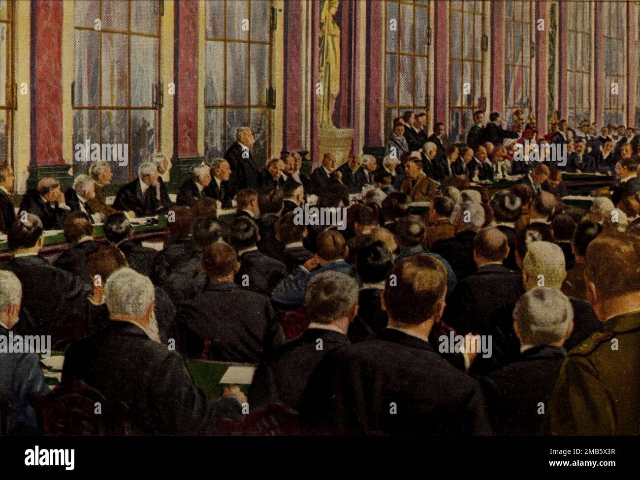 Signing the Peace Treaty in the Hall of Mirrors June 28, 1919 from the book The story of the great war; the complete historical records of events to date DIPLOMATIC AND STATE PAPERS by Reynolds, Francis Joseph, 1867-1937; Churchill, Allen Leon; Miller, Francis Trevelyan, 1877-1959; Wood, Leonard, 1860-1927; Knight, Austin Melvin, 1854-1927; Palmer, Frederick, 1873-1958; Simonds, Frank Herbert, 1878-; Ruhl, Arthur Brown, 1876-  Volume VII Published 1920 Stock Photo