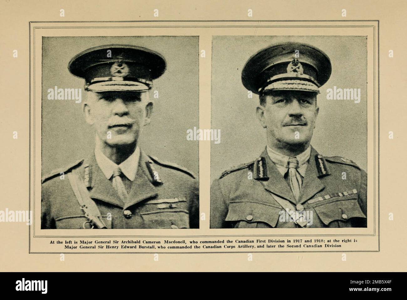 Major General Sir Archibald Cameron Macdonell [Left] Major General Sir Henry Burstall [Right] from the book The story of the great war; the complete historical records of events to date DIPLOMATIC AND STATE PAPERS by Reynolds, Francis Joseph, 1867-1937; Churchill, Allen Leon; Miller, Francis Trevelyan, 1877-1959; Wood, Leonard, 1860-1927; Knight, Austin Melvin, 1854-1927; Palmer, Frederick, 1873-1958; Simonds, Frank Herbert, 1878-; Ruhl, Arthur Brown, 1876-  Volume VII Published 1920 Stock Photo