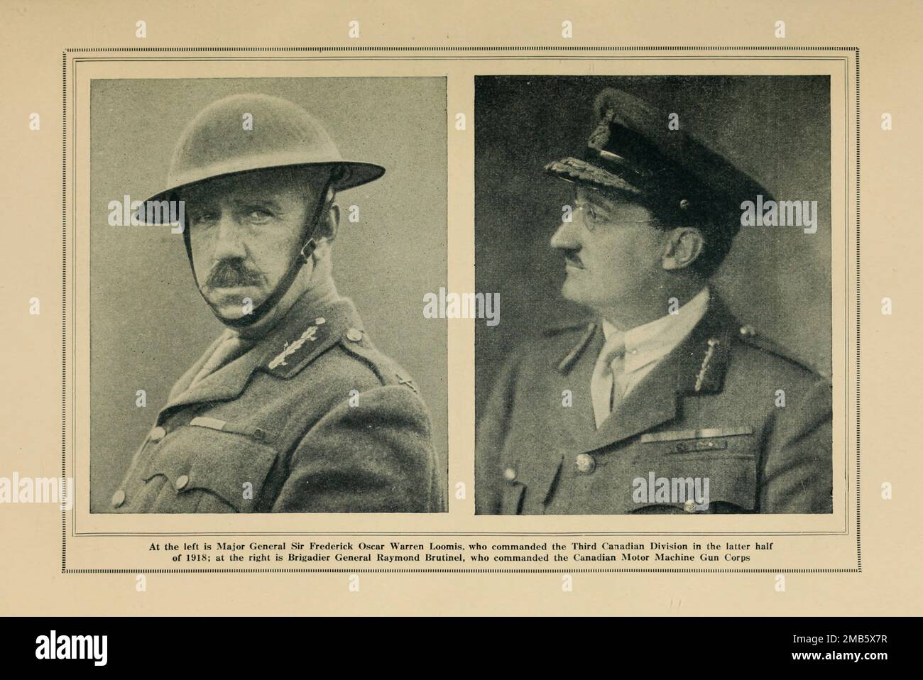 Major General Sir Frederick Oscar Warren Loomis [Left] Brigadier General Raymond Brutinel [Right] from the book The story of the great war; the complete historical records of events to date DIPLOMATIC AND STATE PAPERS by Reynolds, Francis Joseph, 1867-1937; Churchill, Allen Leon; Miller, Francis Trevelyan, 1877-1959; Wood, Leonard, 1860-1927; Knight, Austin Melvin, 1854-1927; Palmer, Frederick, 1873-1958; Simonds, Frank Herbert, 1878-; Ruhl, Arthur Brown, 1876-  Volume VII Published 1920 Stock Photo