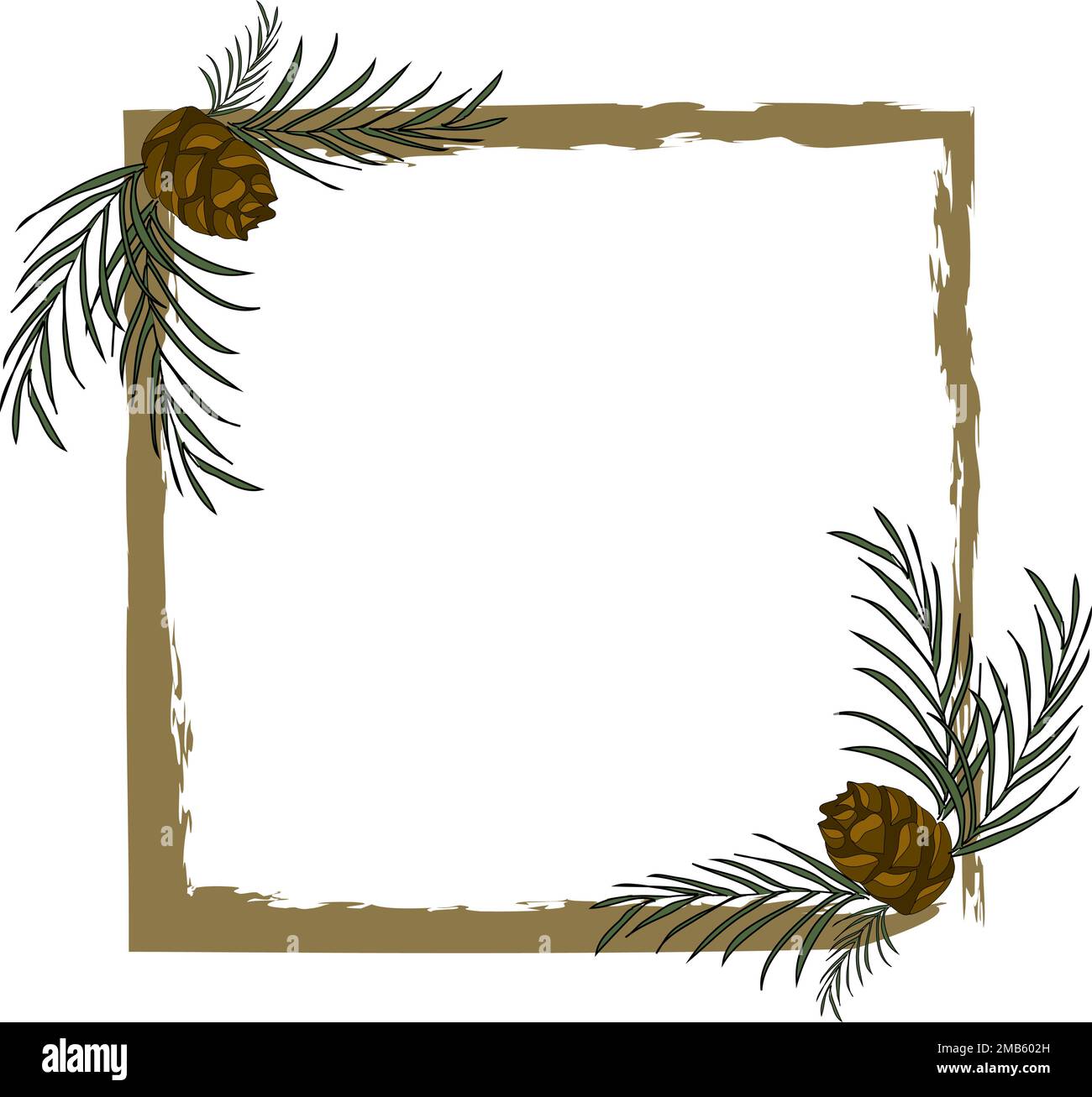 Uneven square frame with pine branches and cones for New Year and Christmas greeting card Stock Vector