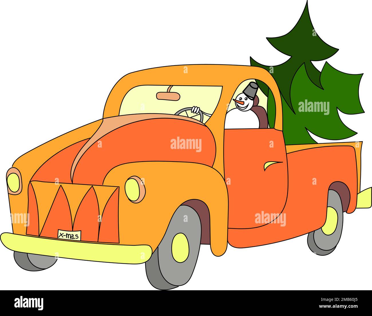 Snowman brings on his pickup car cargo with two green Christmas trees Stock Vector