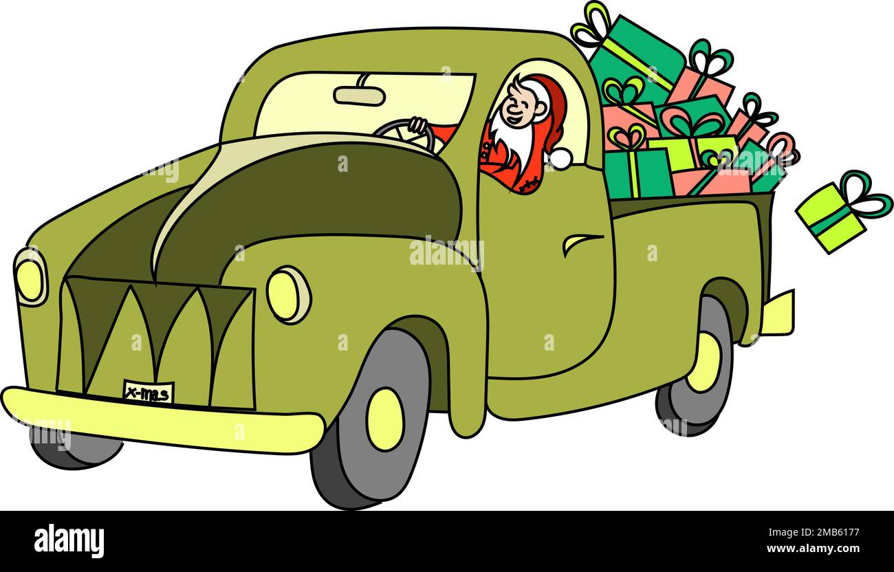 Santa Claus brings on his green car cargo with colored Christmas gift boxes Stock Vector