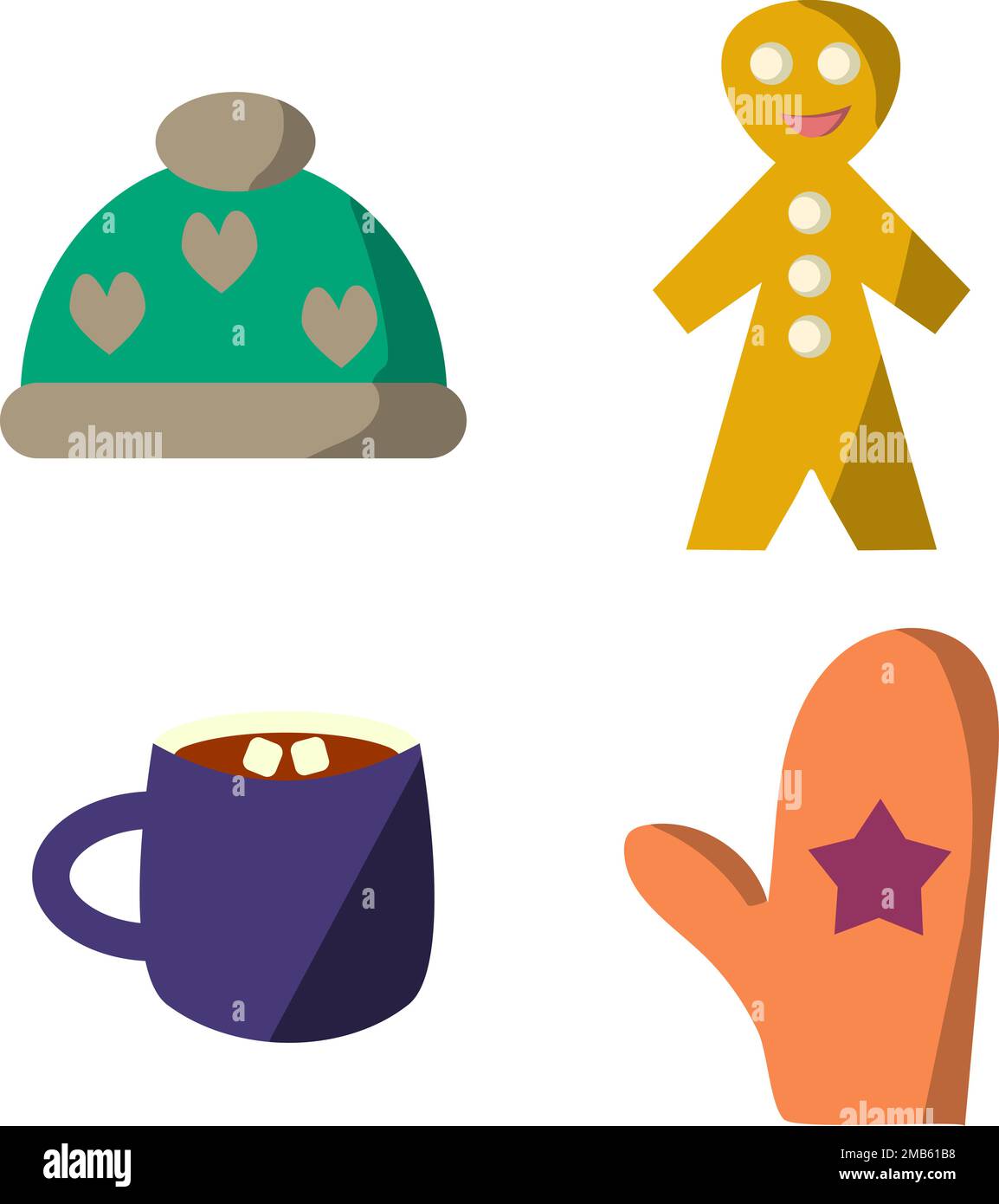Winter icon set with cookie, cup, mitten and hat in flat style Stock Vector