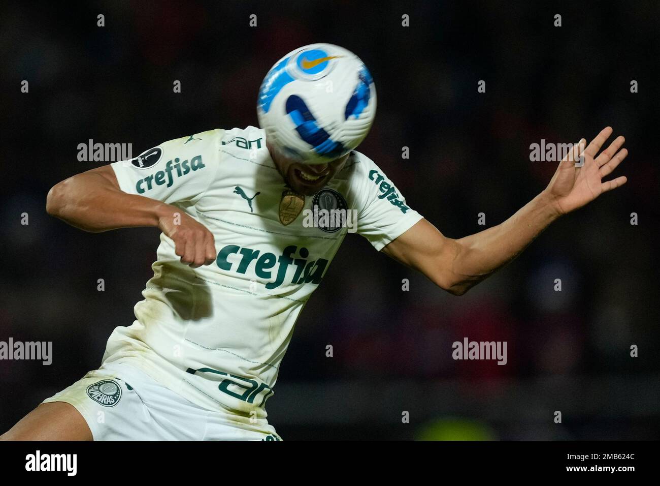 Rony of Brazil's Palmeiras heads the ball in an attempt to score during a  Copa Libertadores round of sixteen first leg soccer match against  Paraguay's Cerro Porteno in Asuncion, Paraguay, Wednesday, June