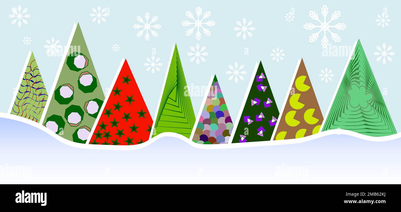 Abstract colored triangular New Year and Christmas trees in a snowdrift Stock Vector