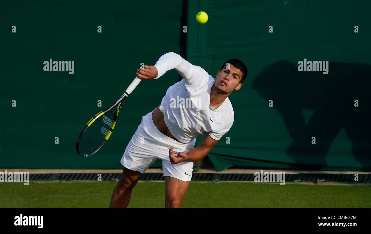 Spains Carlos Alcaraz serves to Tallon Griekspoor of the Netherlands in a second round mens singles match on day three of the Wimbledon tennis championships in London, Wednesday June 29, 2022