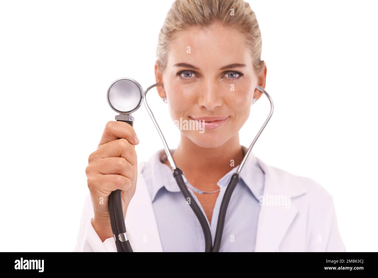 Healthcare doctor, face and woman with stethoscope in studio on a white