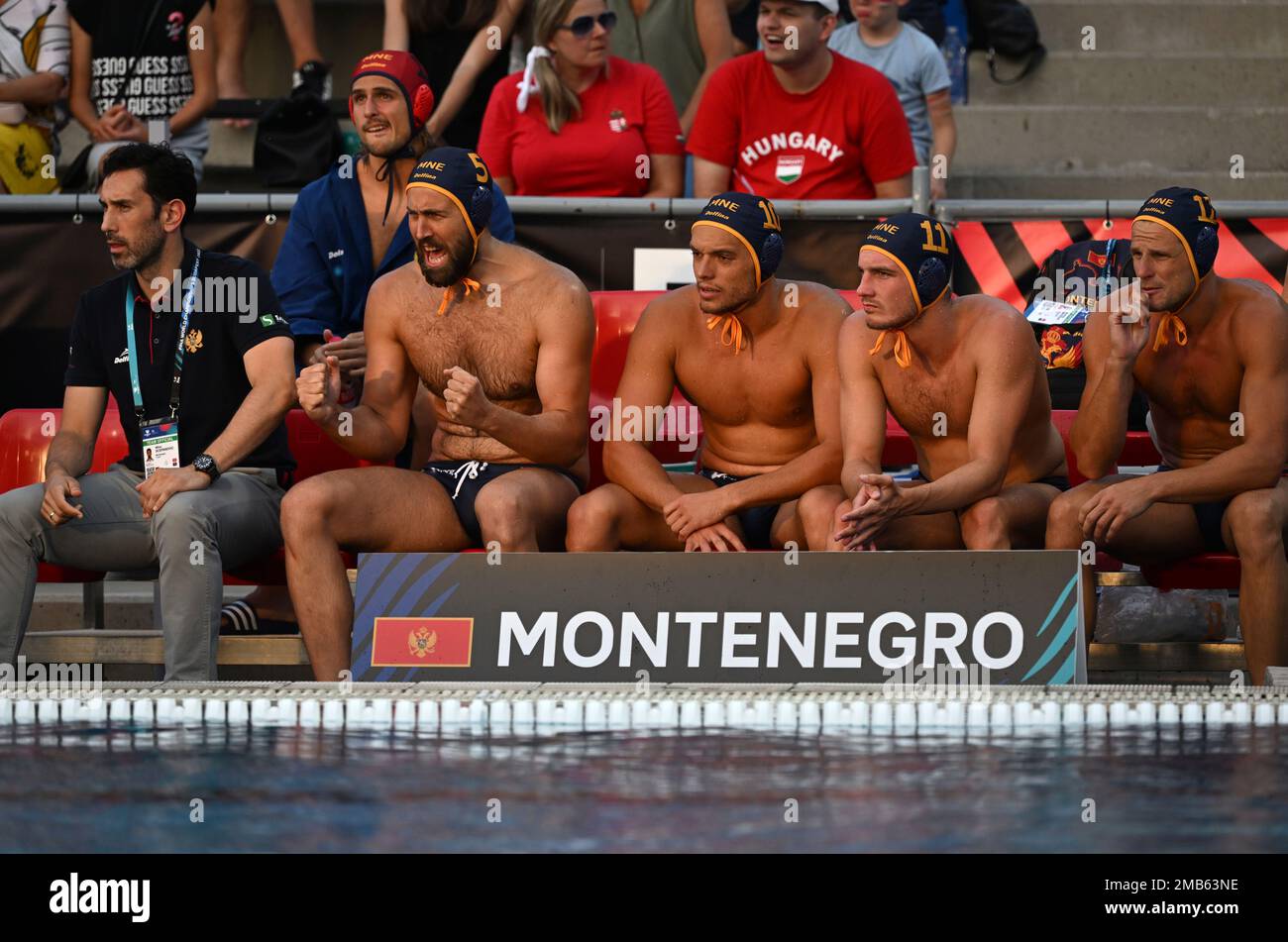 Team of Montenegro during the Men's water polo quarterfinal match between  Spain and Montenegro at the 19th FINA World Championships in Budapest,  Hungary, Wednesday, June 29, 2022. (AP Photo/Anna Szilagyi Stock Photo -