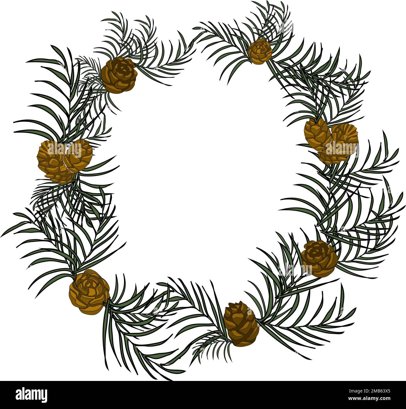 Christmas wreath with conifer branches and cones for New Year and Christmas greeting card Stock Vector
