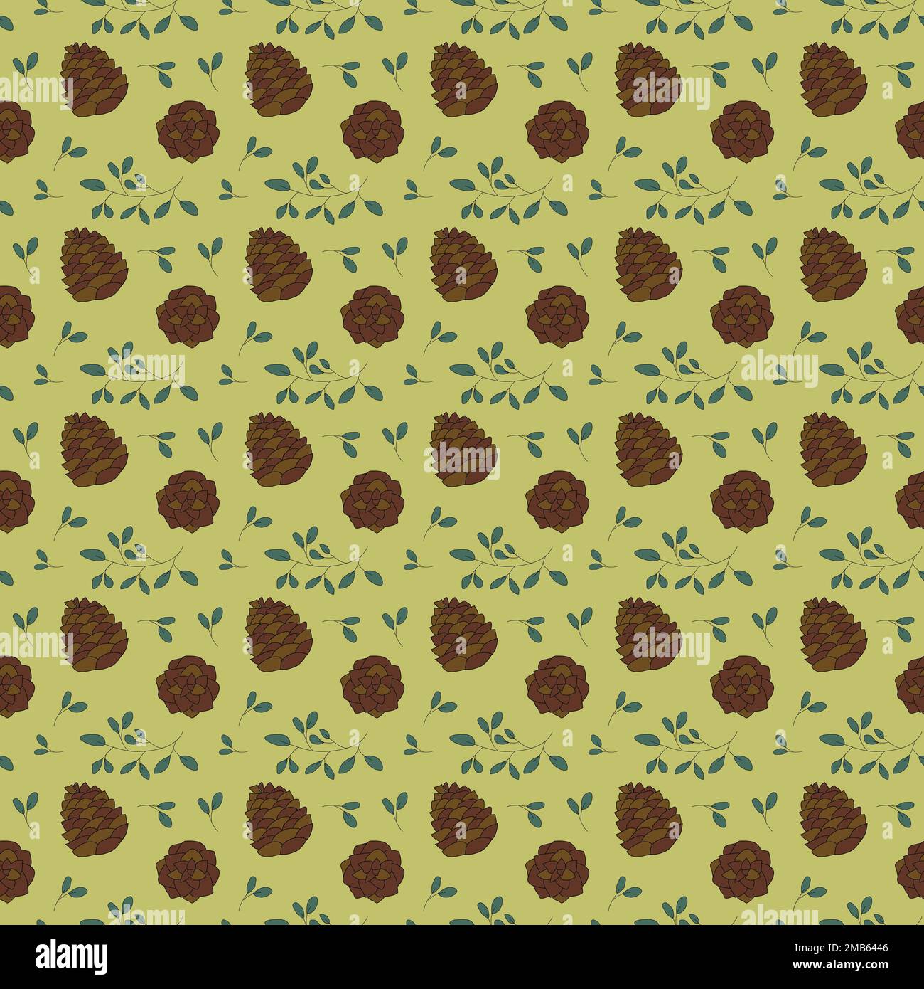 Seamless Christmas pattern with green leaves and pine cones on green background Stock Vector