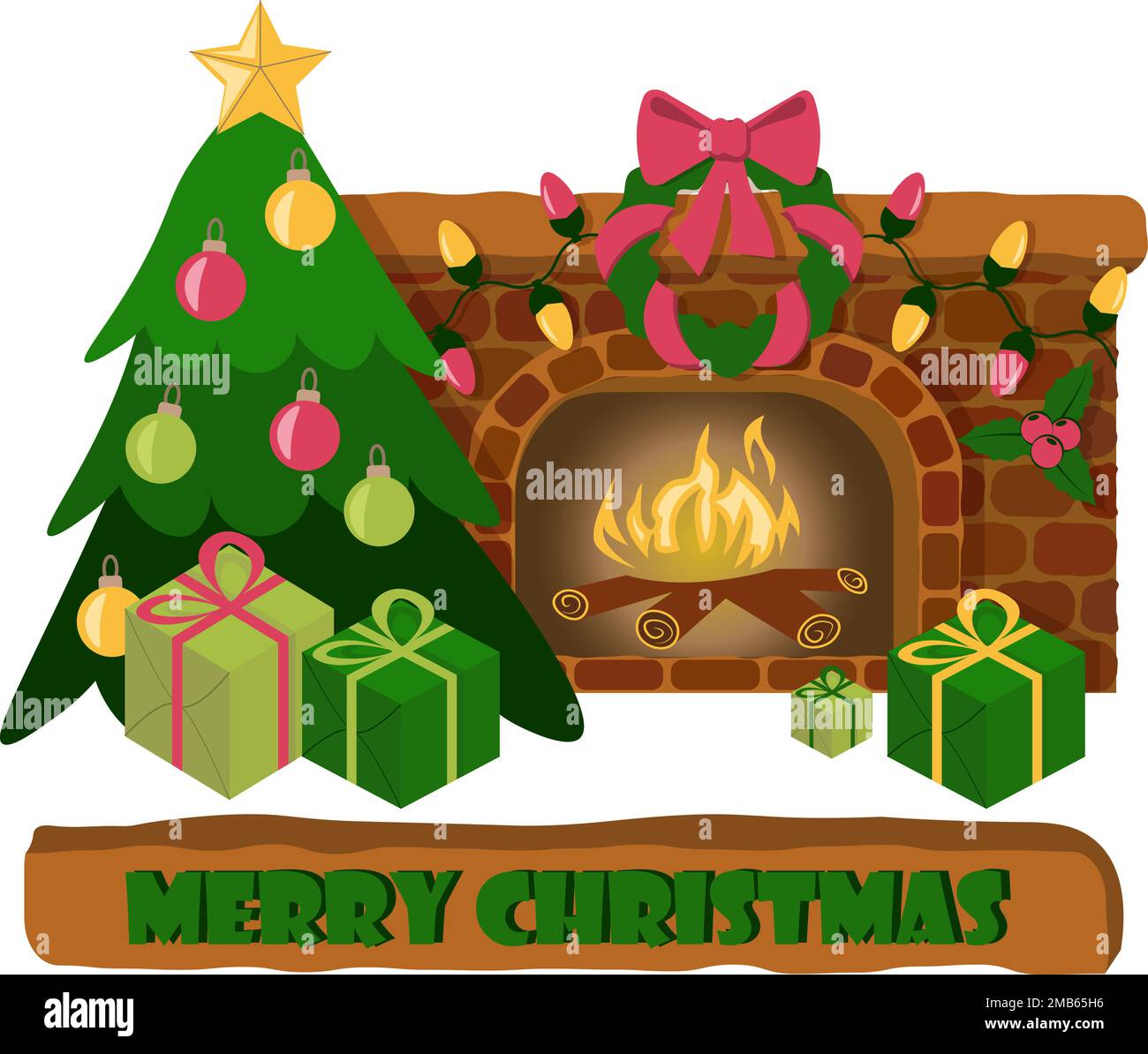 Christmas compositions with fireplace Christmas tree and greeting text