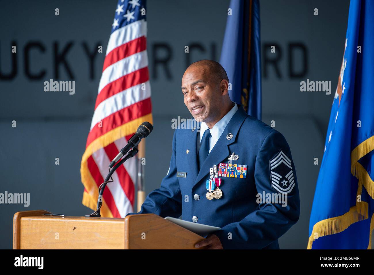 Chief Master Sgt. Gary L. Spaulding, military personnel management officer for the Kentucky Air National Guard, speaks to the audience during his retirement ceremony at the Kentucky Air National Guard Base in Louisville, Ky., June 12, 2022. Spaulding served 35 in the Kentucky Air Guard. Stock Photo