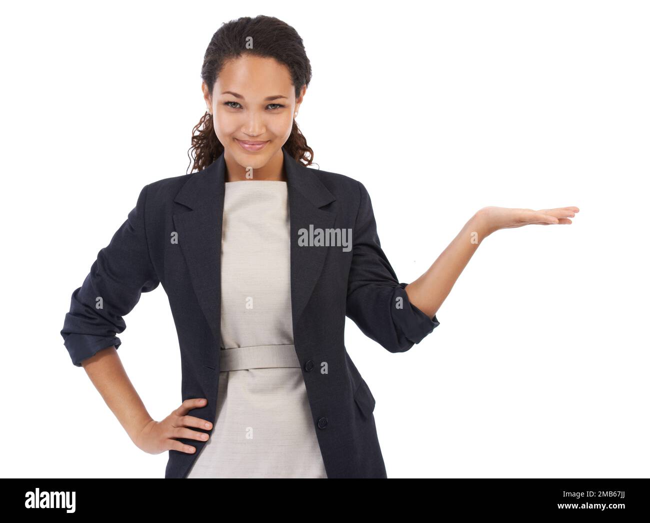 Corporate, worker and portrait of woman with product placement for marketing with positive smile. Happiness, confidence and elegant black woman with Stock Photo