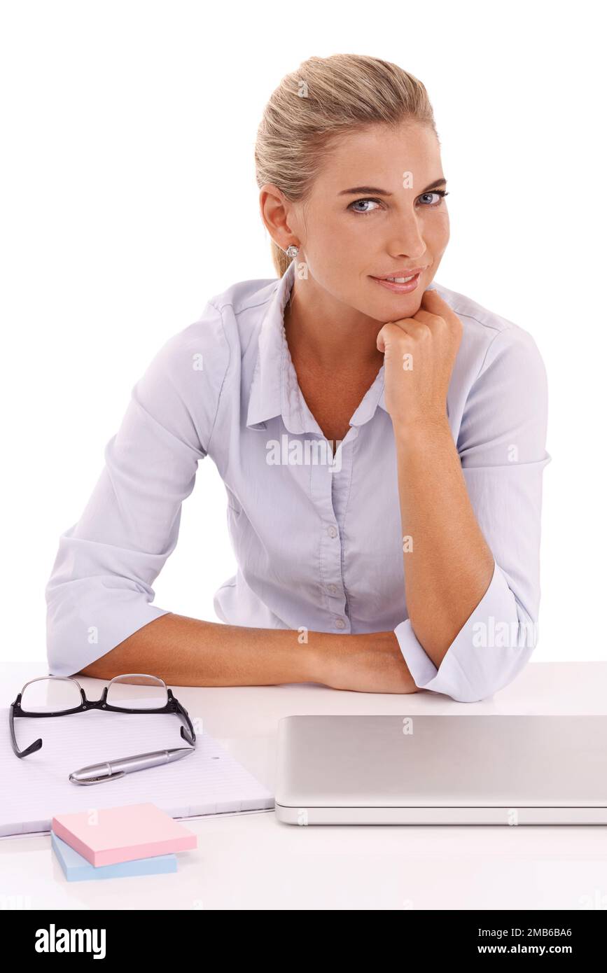 Business woman, portrait or laptop on isolated white background for cv