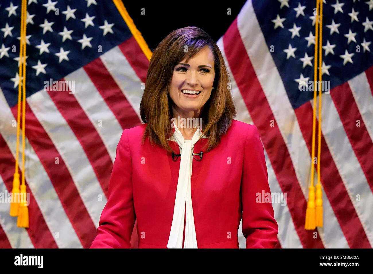 FILE - Political staffer and Utah . Senate candidate Ally Isom speaks  during a Republican primary debate on June 1, 2022, in Draper, Utah. Isom  faces Sen. Mike Lee and former state