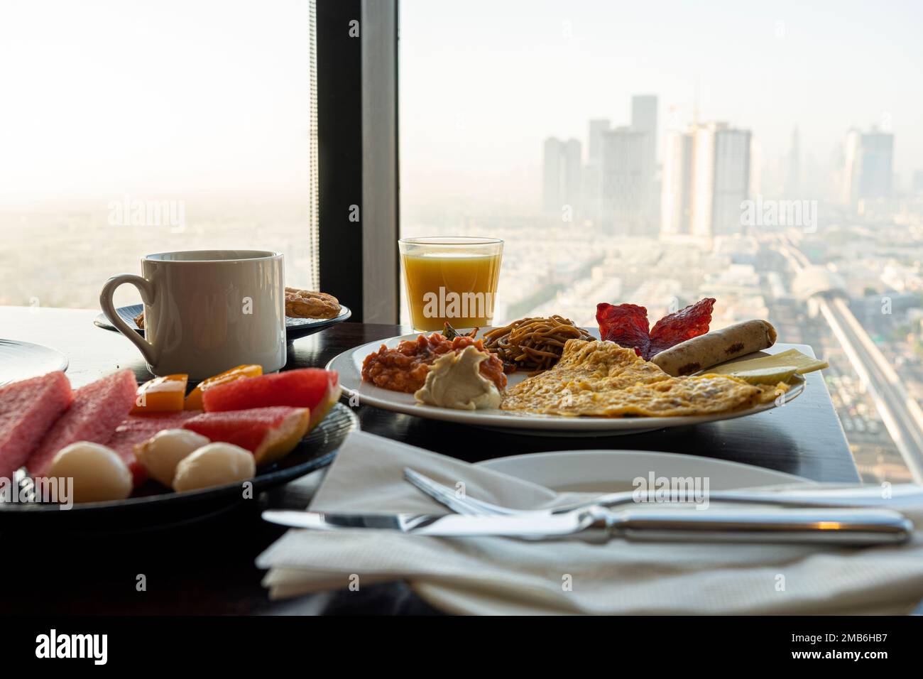 American breakfast with an amazing view of Dubai. breakfast at the