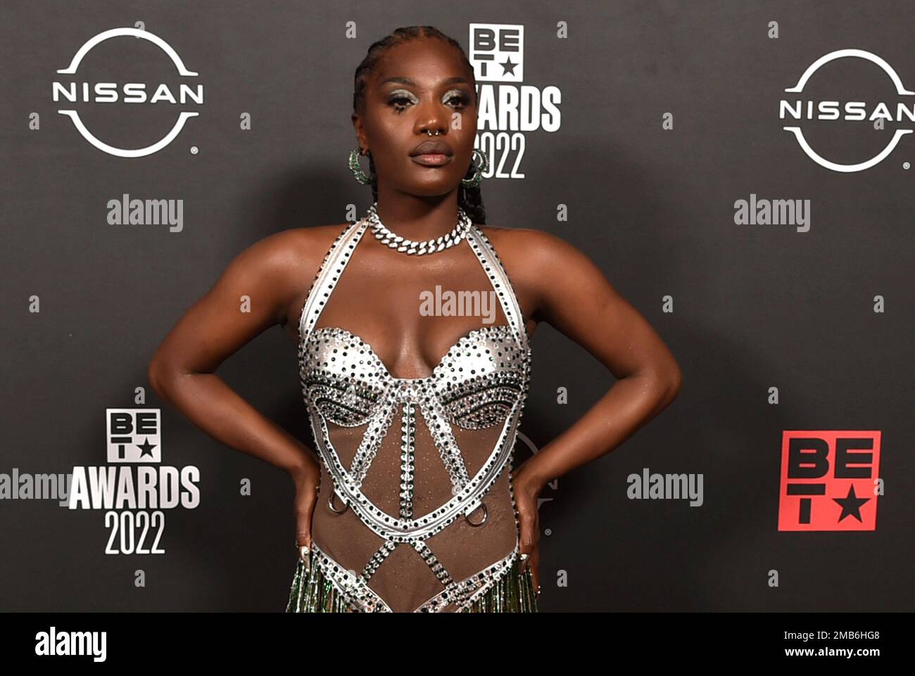 Doechii poses in the press room at the BET Awards on Sunday, June 26