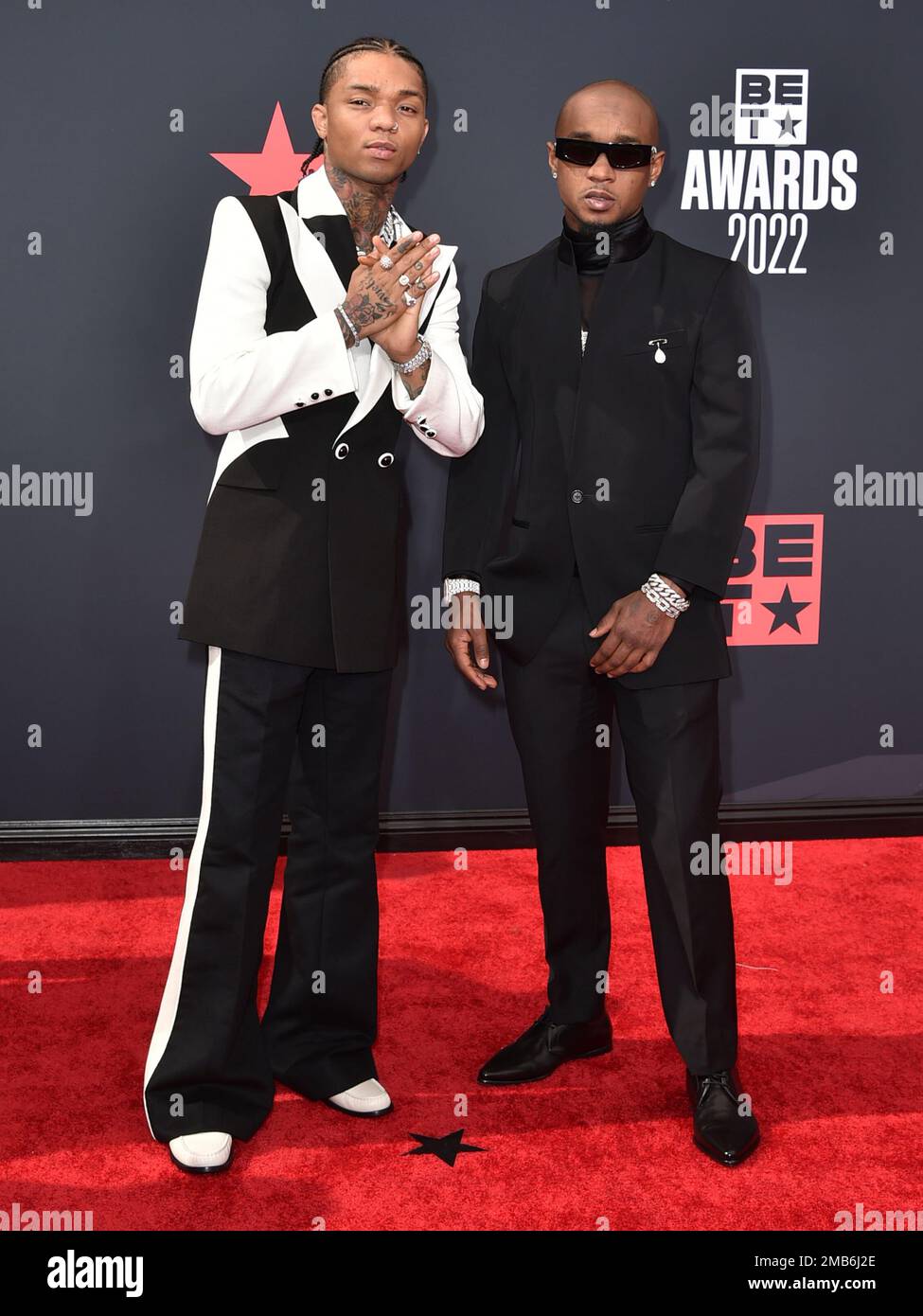 Swae Lee, left, and Slim Jxmmi of Rae Sremmurd arrive at the BET Awards ...