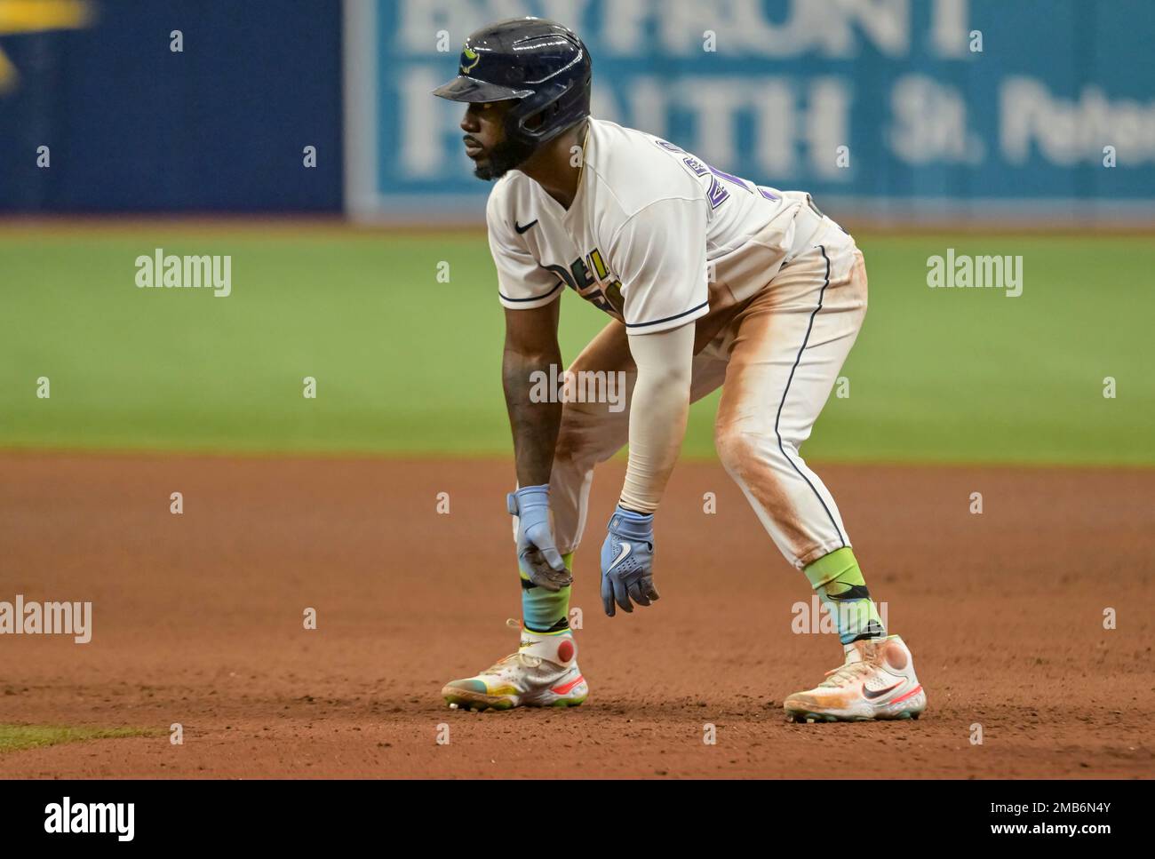 Tampa Bay Rays' Randy Arozarena takes a lead off first base during a