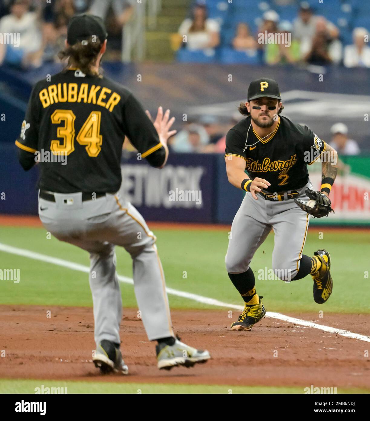 Pittsburgh Pirates first baseman Michael Chavis fields a ground ball hit by  Tampa Bay Rays' Wander Franco during the first inning of a baseball game  Sunday, June 26, 2022, in St. Petersburg