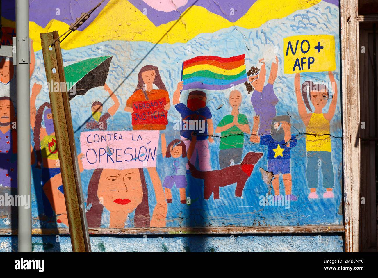 Mural on wall of school protesting against violence against women, oppression and pension plans (AFPs), Copiapo, Region III, Chile Stock Photo