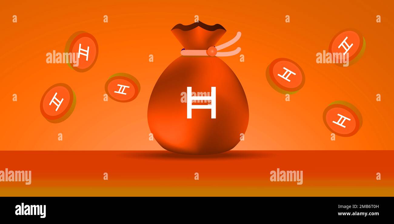 Hedera HBAR cryptocurrency coin on money bag with flying hedera coins  banner backgroun, decentralized blockchain finance illustration,  cryptocurrency Stock Photo - Alamy