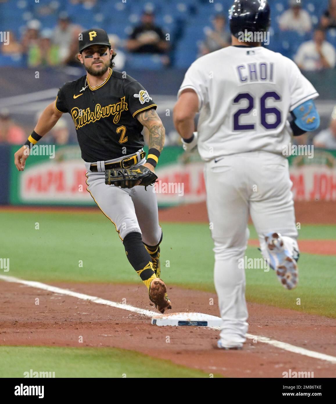 Pittsburgh Pirates' Michael Chavis (2) races to first base to force out  Tampa Bay Rays' Ji-Man Choi (26) during the first inning of a baseball game  Saturday, June 25, 2022, in St.
