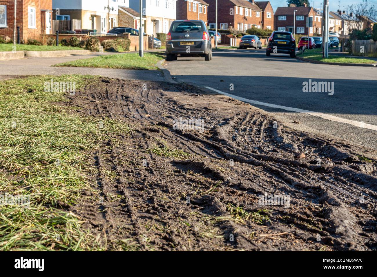 Motorists parking on a grass verge in winter have churned the grass up and turned it into mud. Stock Photo