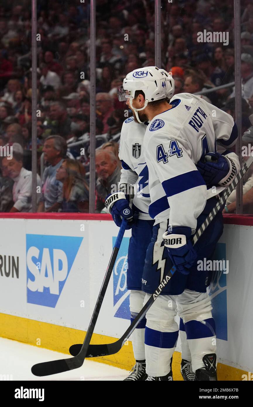 Tampa Bay Lightning defenseman Jan Rutta (44) celebrates a goal against