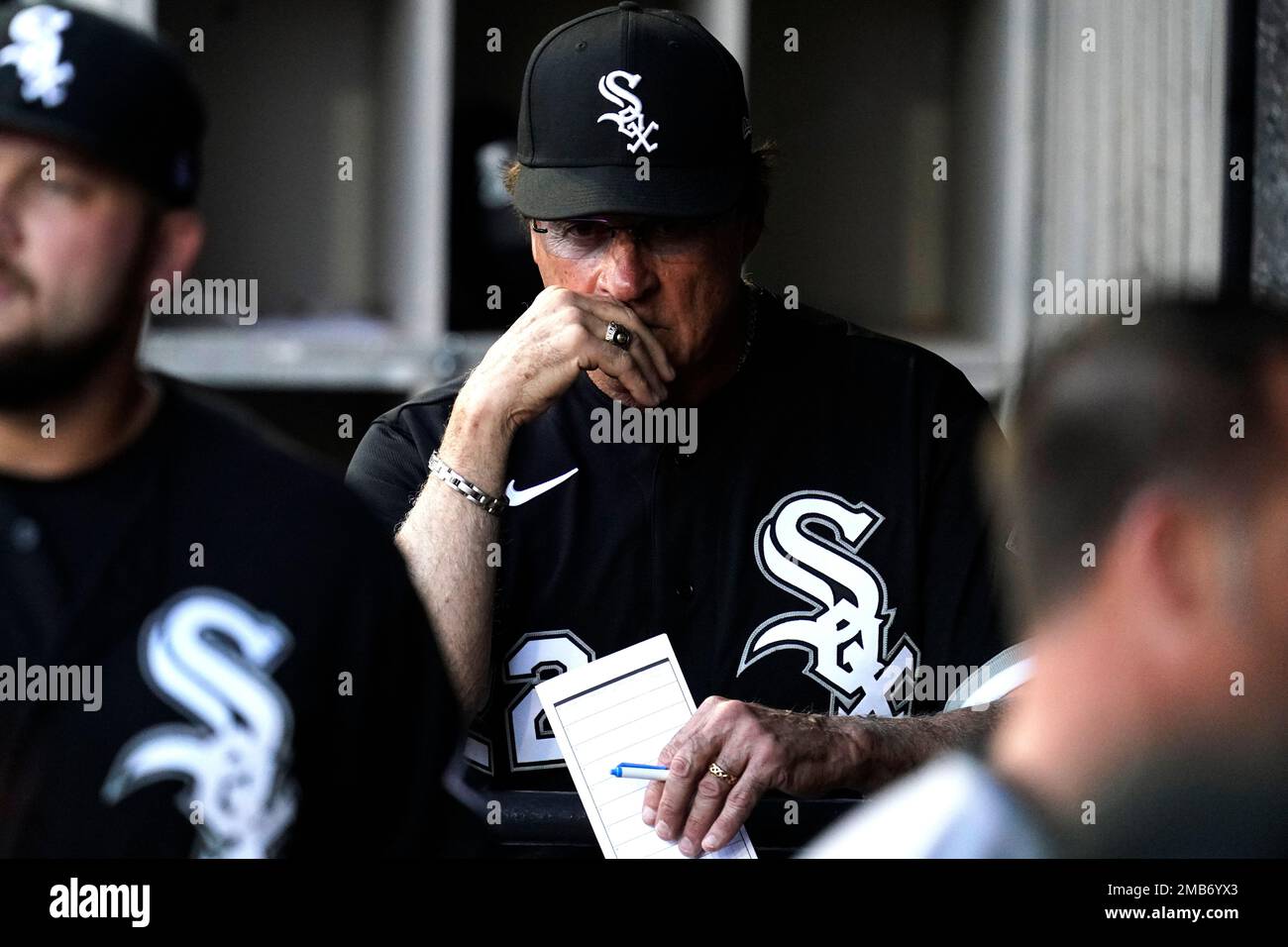 Chicago White Sox manager Tony La Russa looks at players in the dugout  before the team's baseball game against the Baltimore Orioles in Chicago,  Friday, June 24, 2022. (AP Photo/Nam Y. Huh