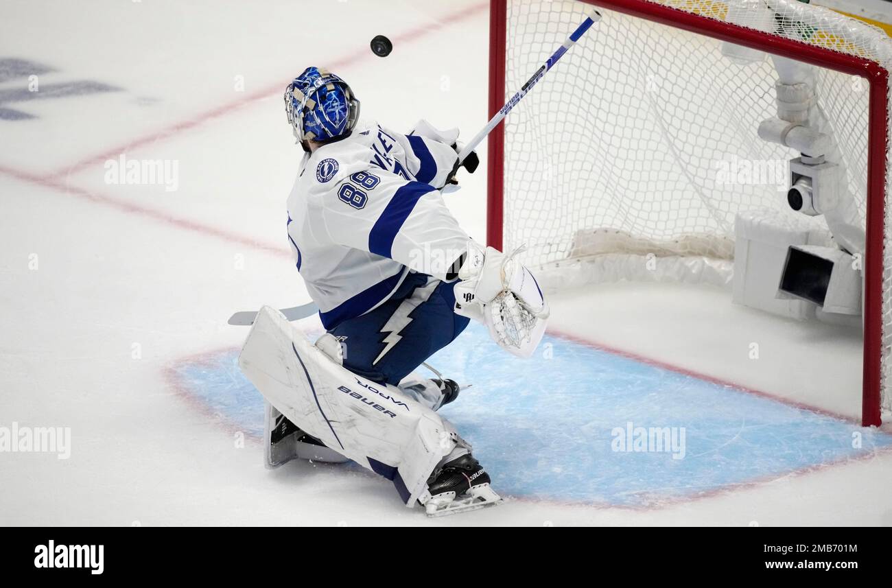 Tampa Bay Lightning goaltender Andrei Vasilevskiy stops a Colorado