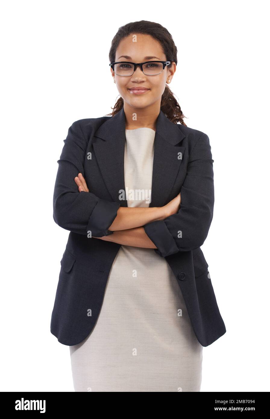 Black woman, studio portrait and arms crossed for business vision ...