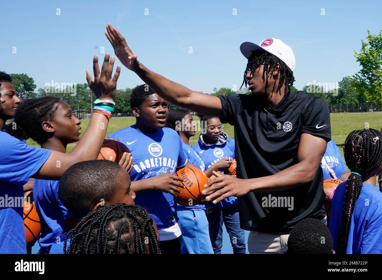 Detroit Pistons draft pick guard Jaden Ivey greets kids from the Boys &  Girls Clubs of Southeastern Michigan after a news conference for the NBA  basketball team, Friday, June 24, 2022, in