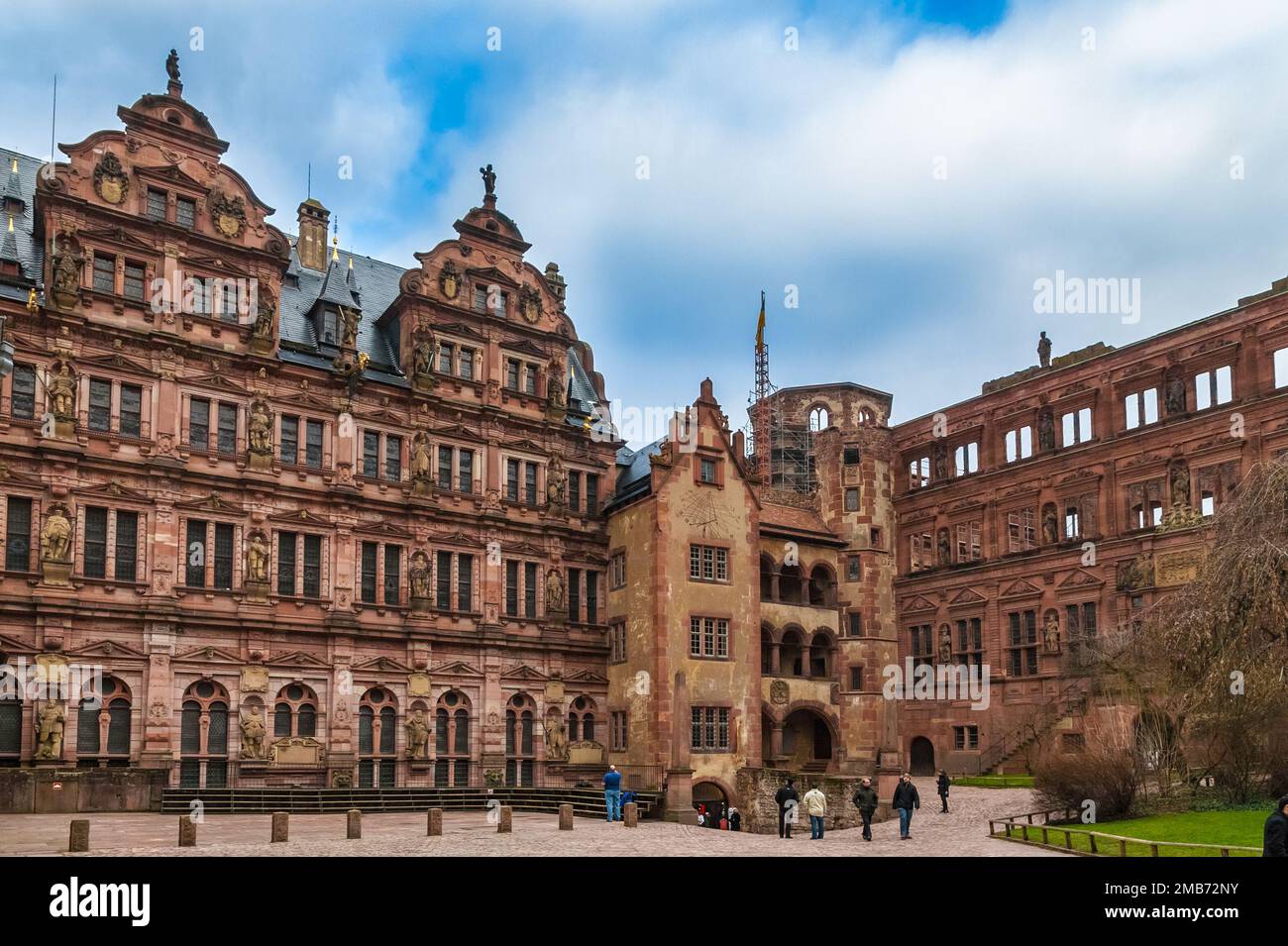 The courtyard of the castle ruin Heidelberger Schloss, Germany. Between the Friedrich’s Wing and the Ottheinrich’s Wing stands the Hall of Glass with... Stock Photo