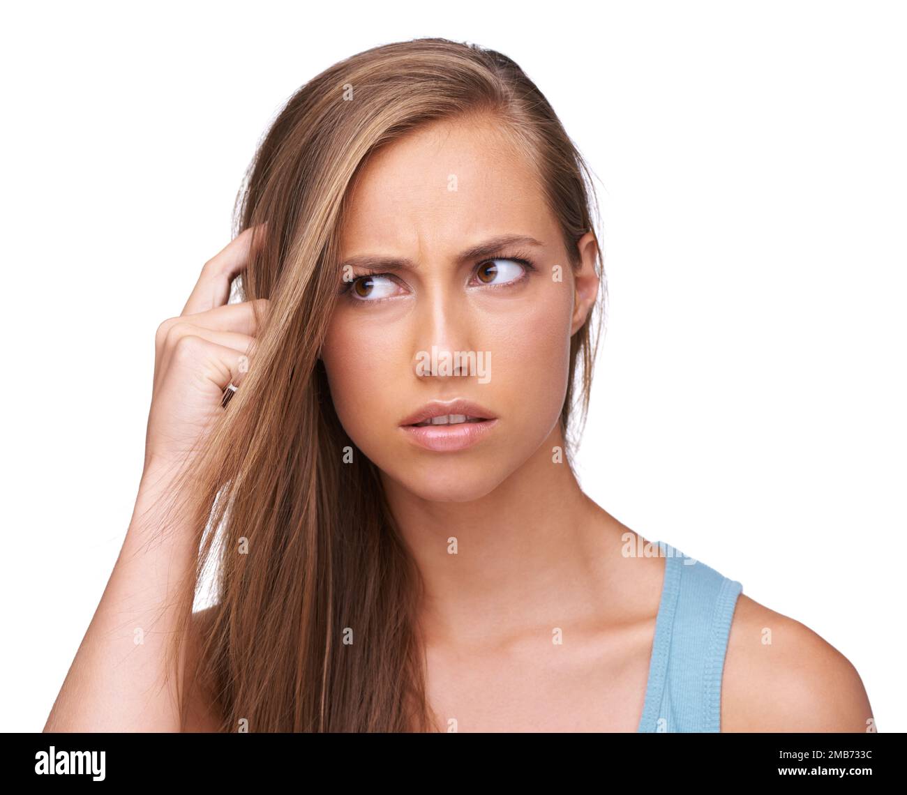 Thinking, stress and confused girl with question scratching head