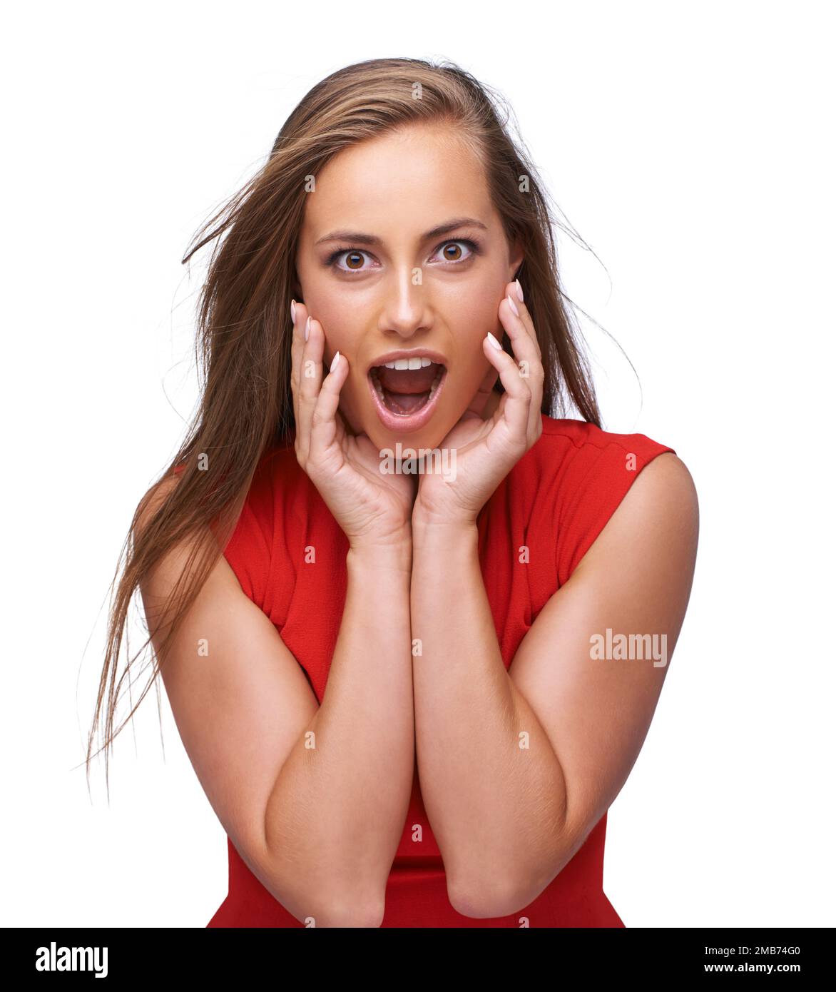 Shock, wow and surprise with portrait of woman for deal, discount and sales with expression. Excited, happiness and amazing with isolated face of girl Stock Photo