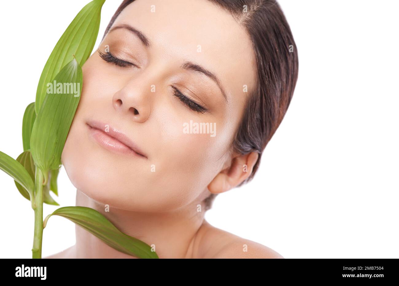 Natural skincare. An isolated image of a woman stroking her cheek with a green leaf. Stock Photo
