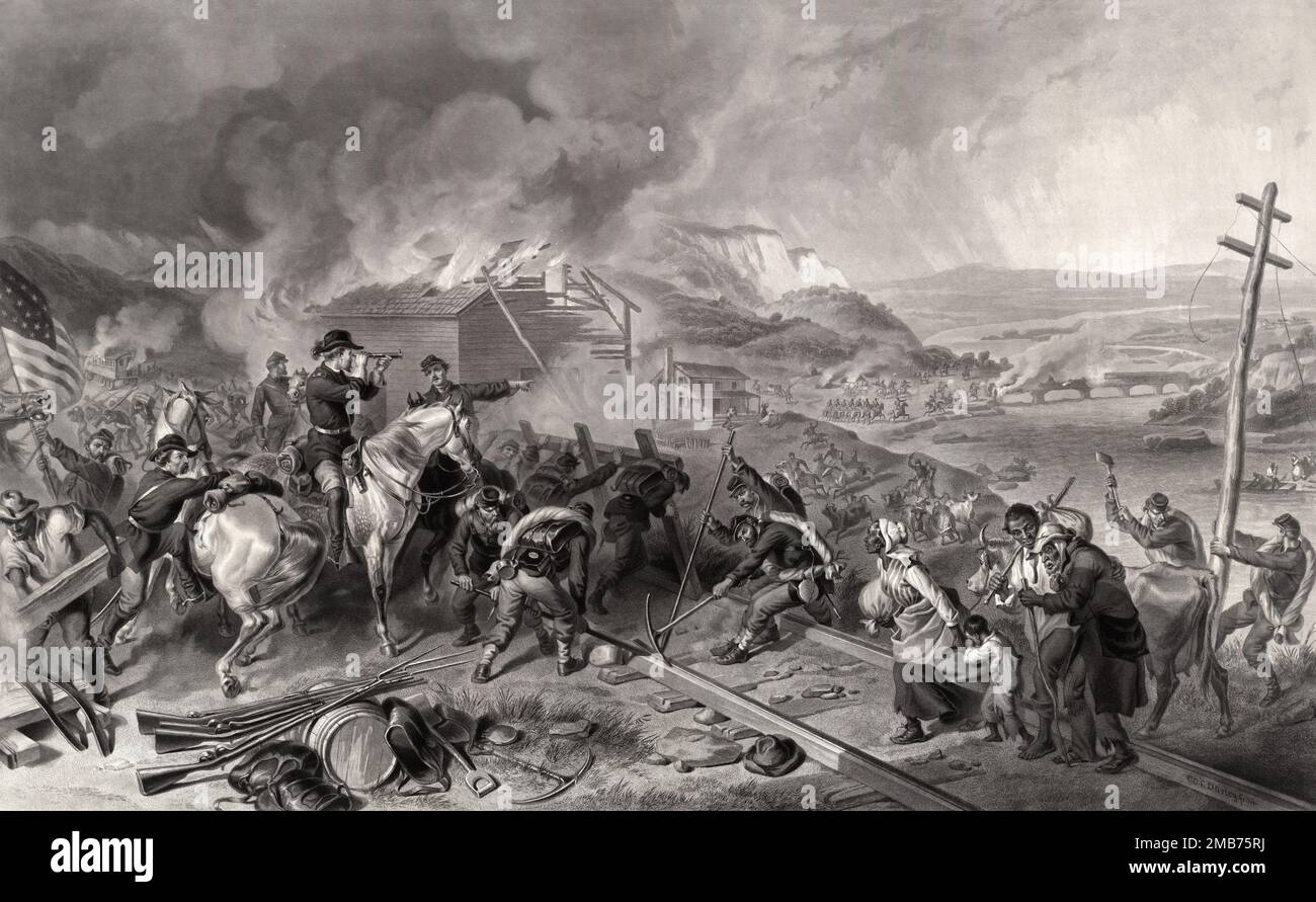An 1868 engraving by Alexander Hay Ritchie depicting the March to the Sea. General Sherman is shown on the left astride his horse, surveying the scene through a hand-held spotting scope. A family of freed slaves approaches him from the right, while another freedman on the left carries away a railroad tie. Stock Photo