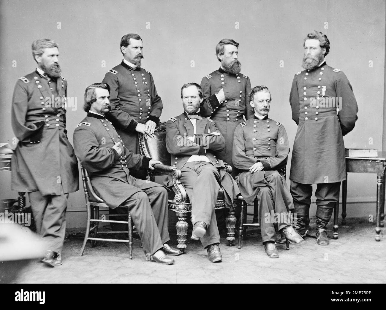 General William Tecumseh Sherman  who was a leading general in the US Army (aka the Union Army) during the American Civil War. He he is with Generals (from left) Oliver Otis Howard, John A. Logan, William Babcock Hazen, , Jefferson C. Davis, Henry Warner Slocum and Joseph Mower Stock Photo