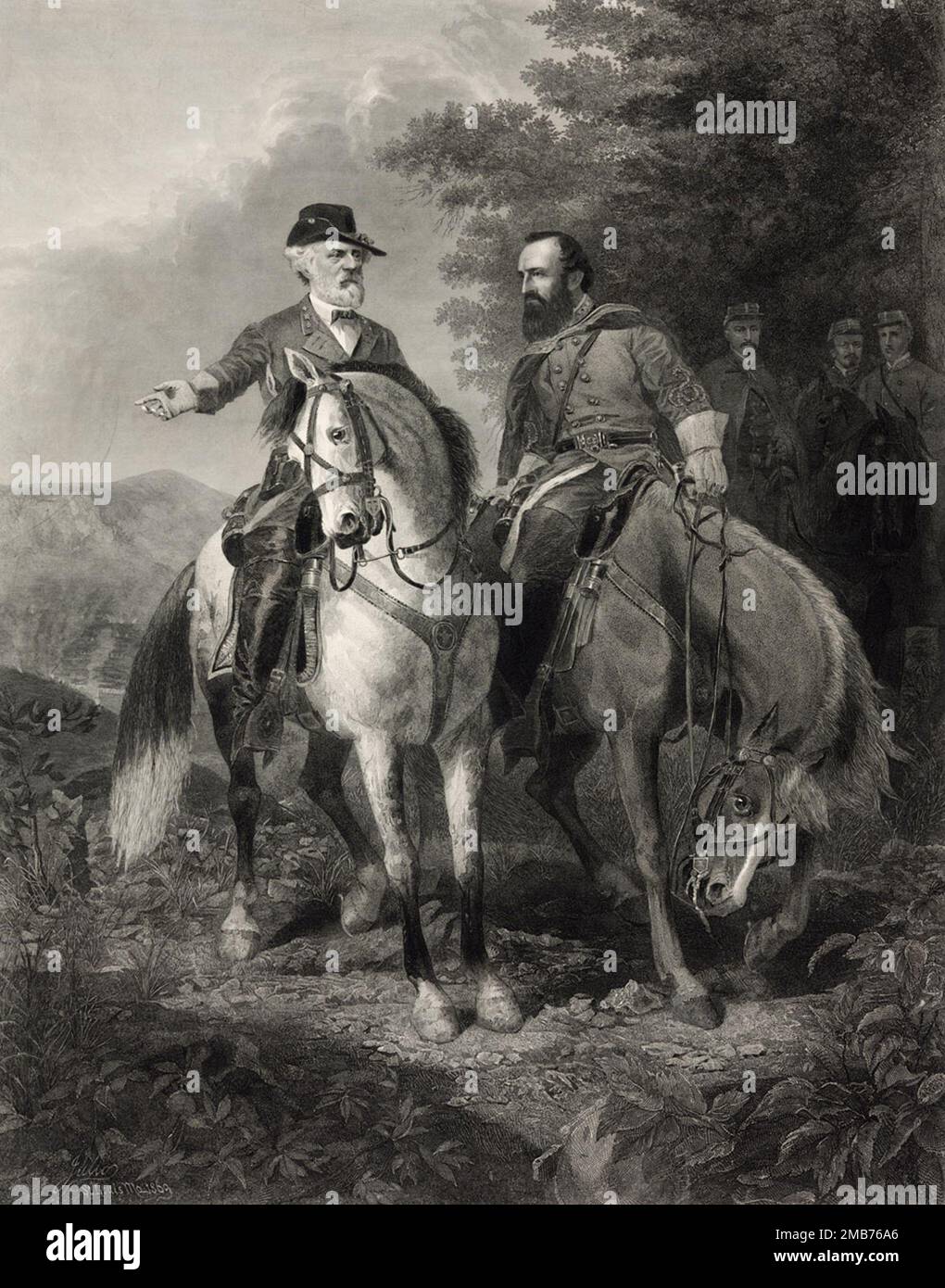 Last Meeting of Confederate Generals Robert E. Lee and Stonewall Jackson at Chancellorsville, just before Jackson was mortally wounded after being fired on mistakenly by his own troops during the American Civil War. Stock Photo