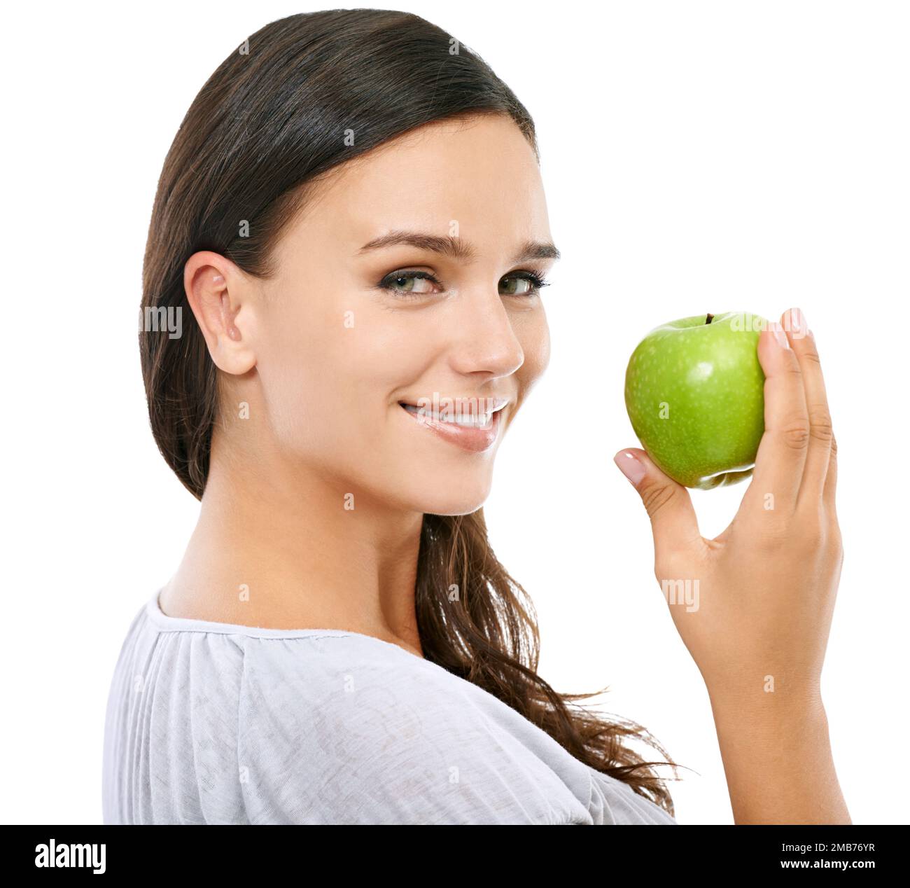 Apple, health and portrait of a woman with fruit for diet isolated on a
