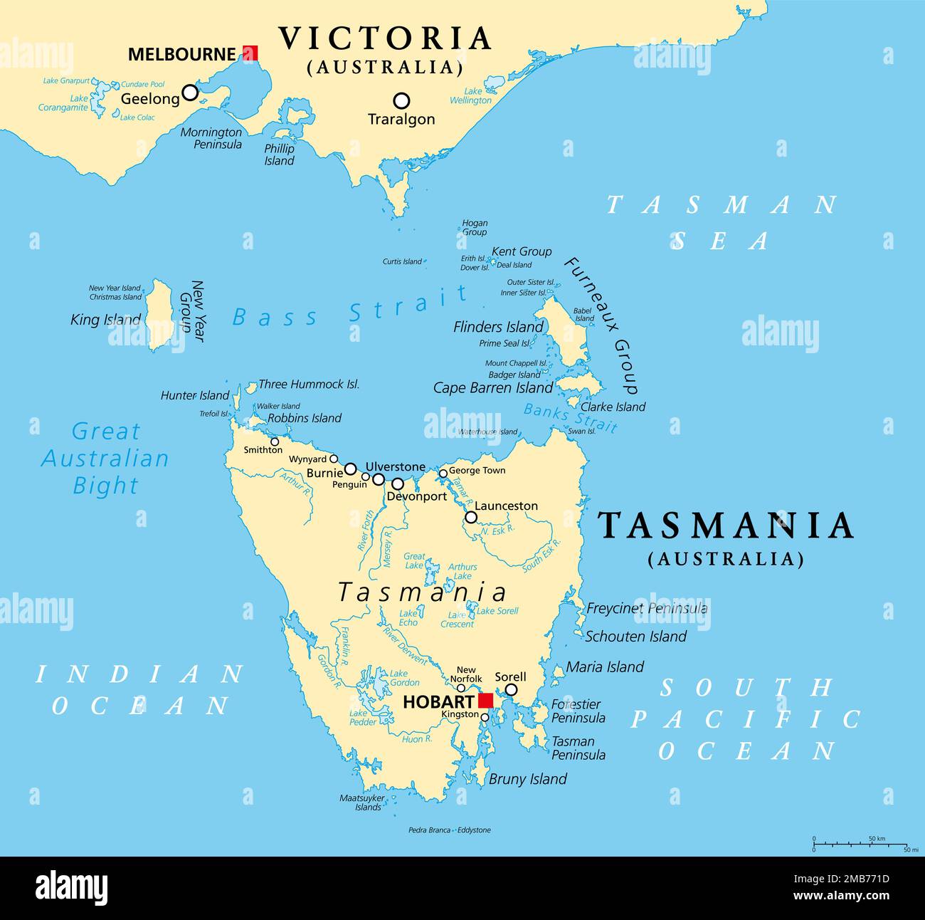 Tasmania and the surrounding area, political map. Australian island state with capital Hobart, south of state Victoria and of the Australian mainland. Stock Photo