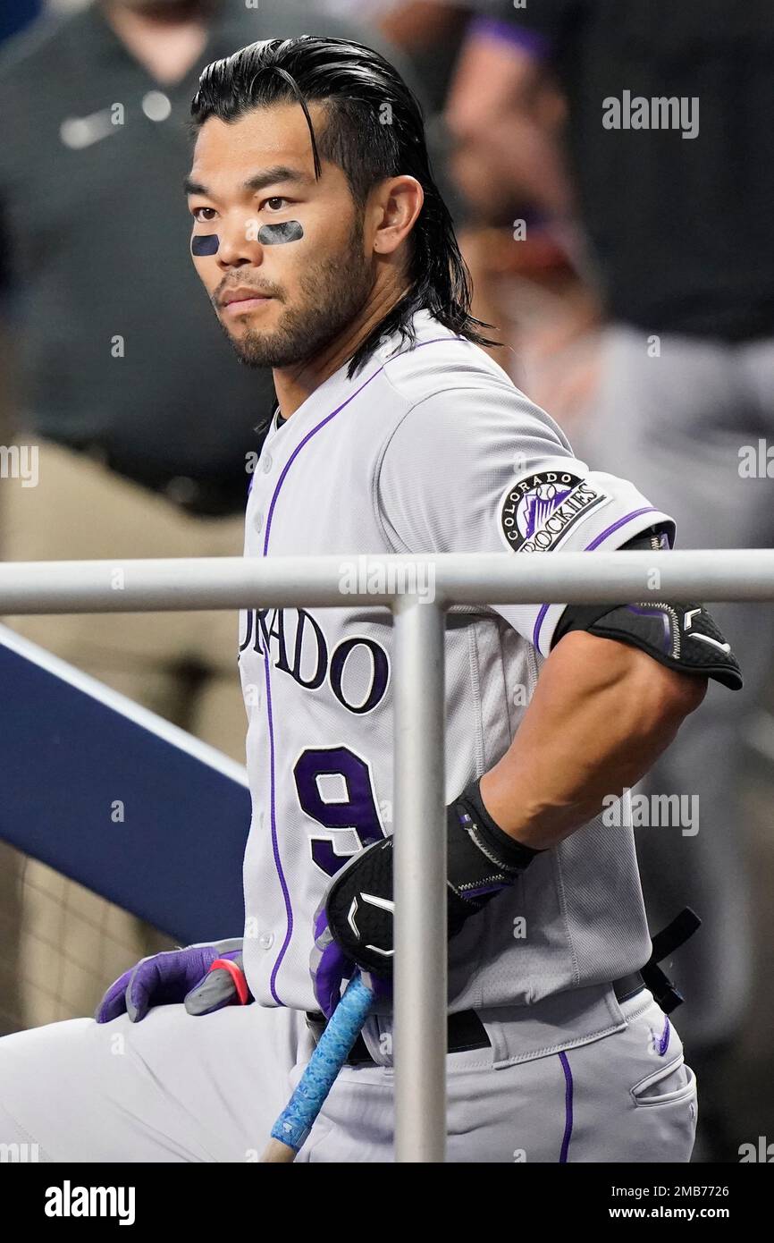 Colorado Rockies right fielder Connor Joe looks out of the dugout