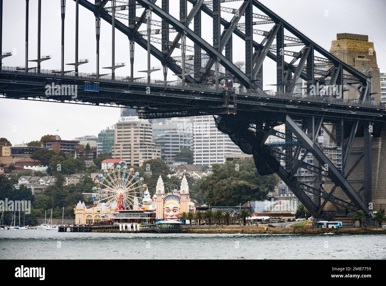 Sydney, Australia - February 13, 2017: The iconic Sydney Harbour Bridge and the Luna Park theme park. Stock Photo
