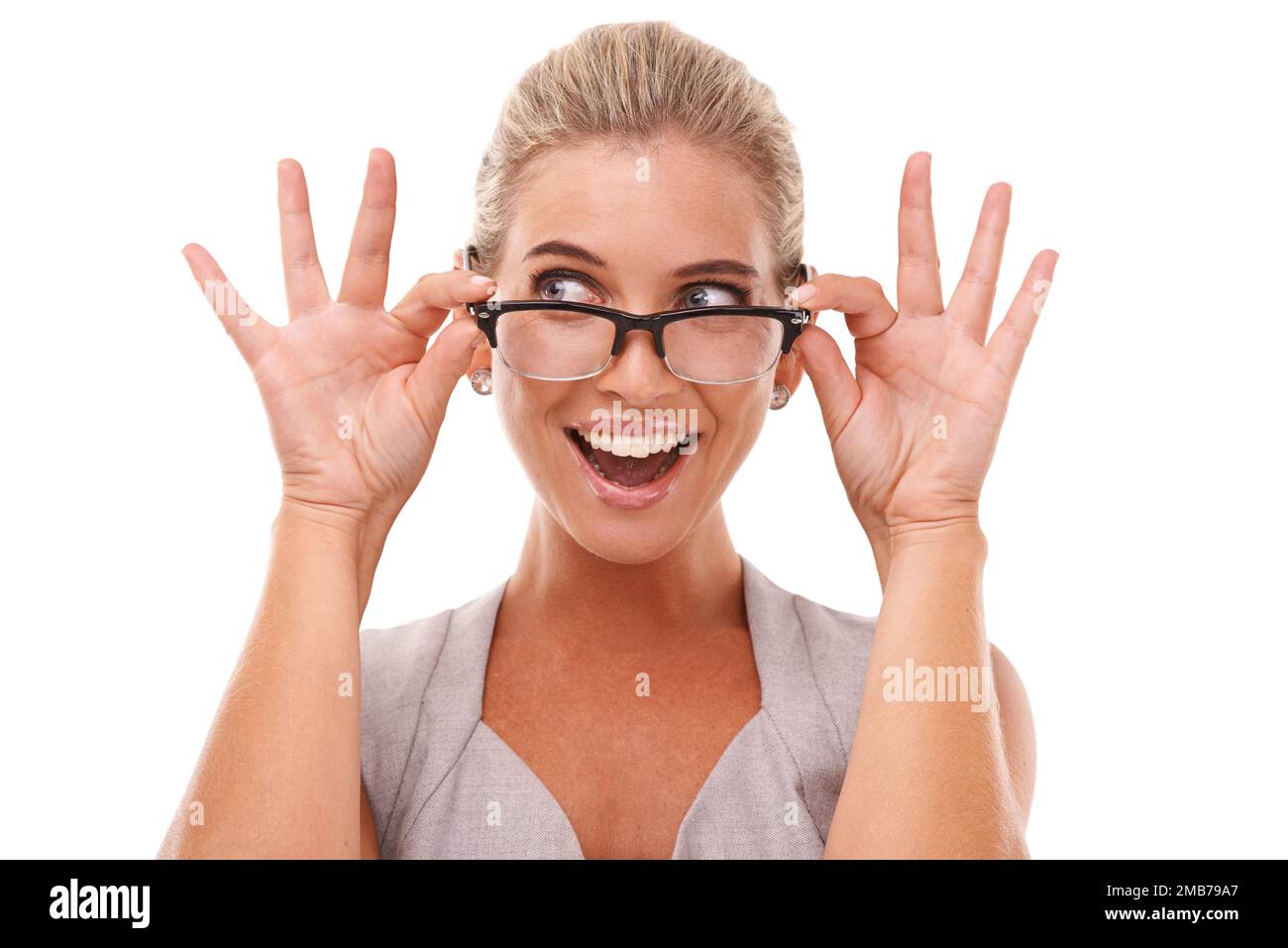 Shock, excited and portrait of a woman with spectacles in a studio with
