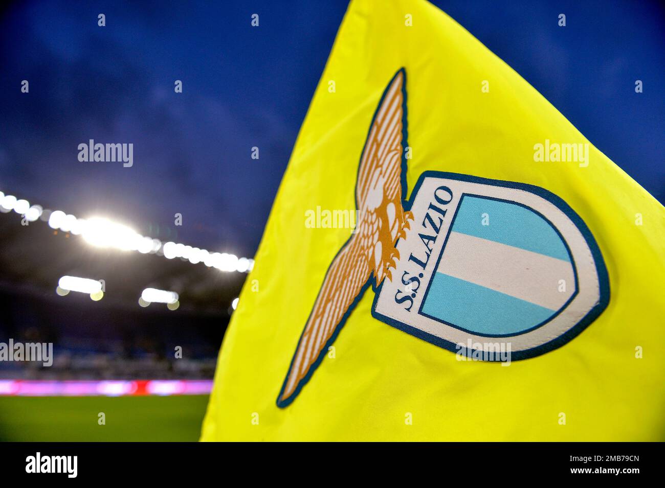 SS Lazio logo printed on a corner flag is seen during the Italy Cup football match between SS Lazio and Bologna FC at Olimpico stadium in Rome (Italy) Stock Photo